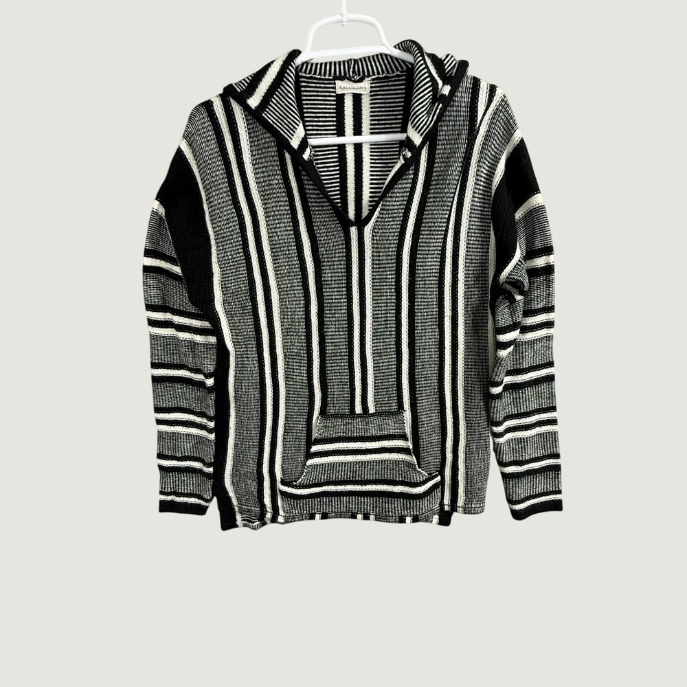 Full Tilt Womens Baja Stripe Pullover Hoodie Sweater Black White Grey Size S